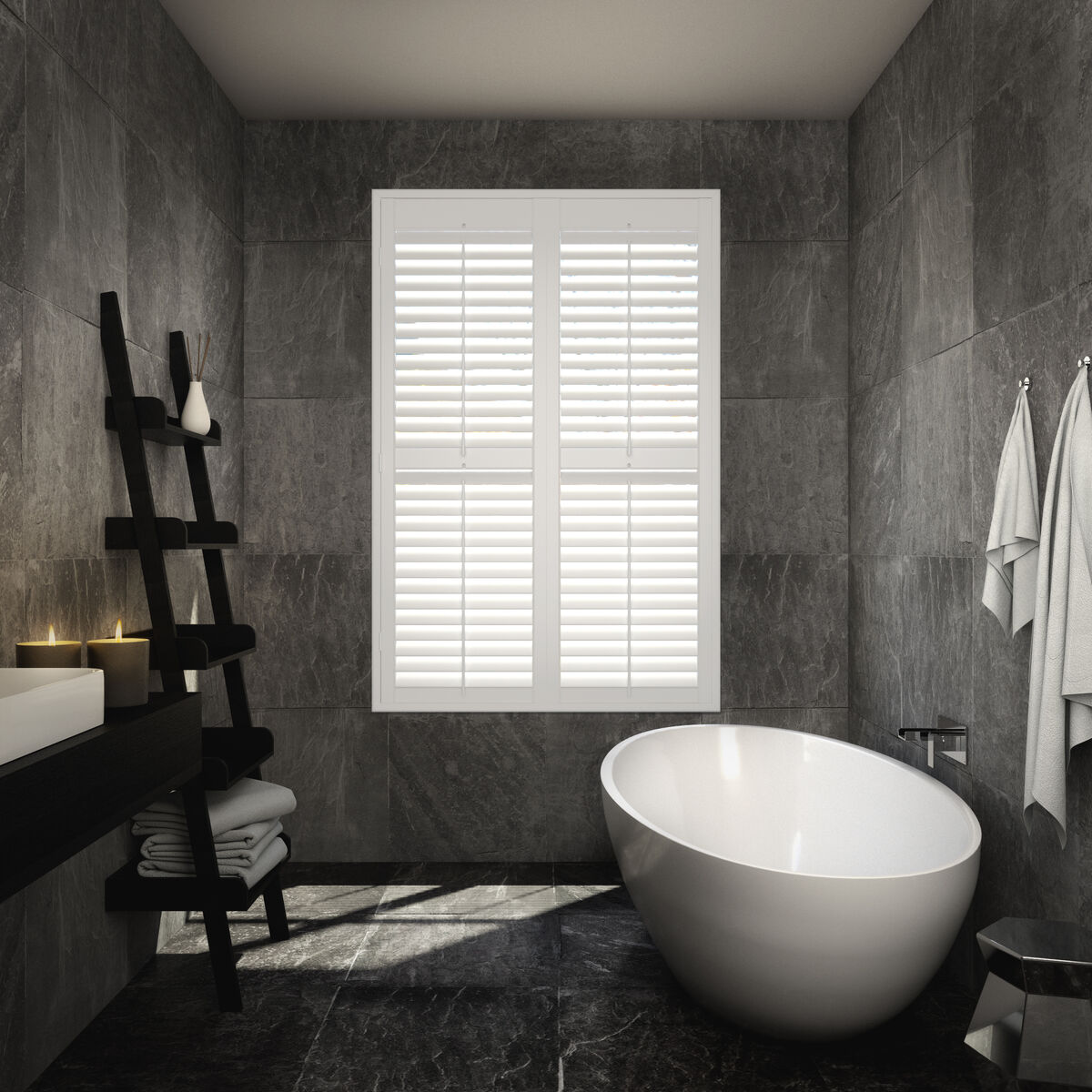 White Hampton shutters in a slate bathroom